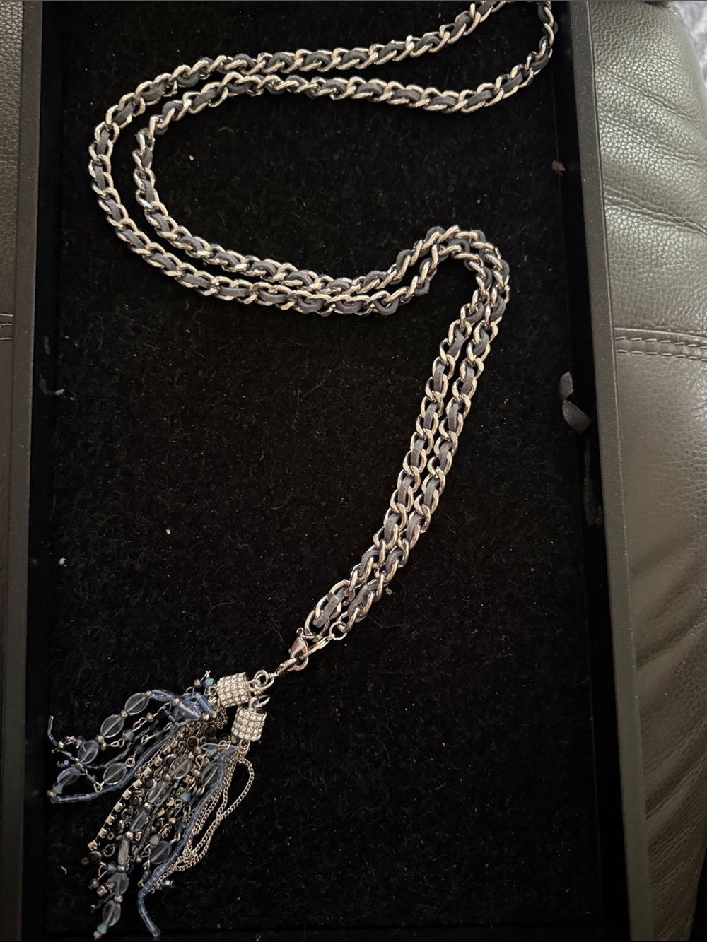 Premier Designs Long Gunmetal & Gray Suede Chain Tassel Statement Necklace